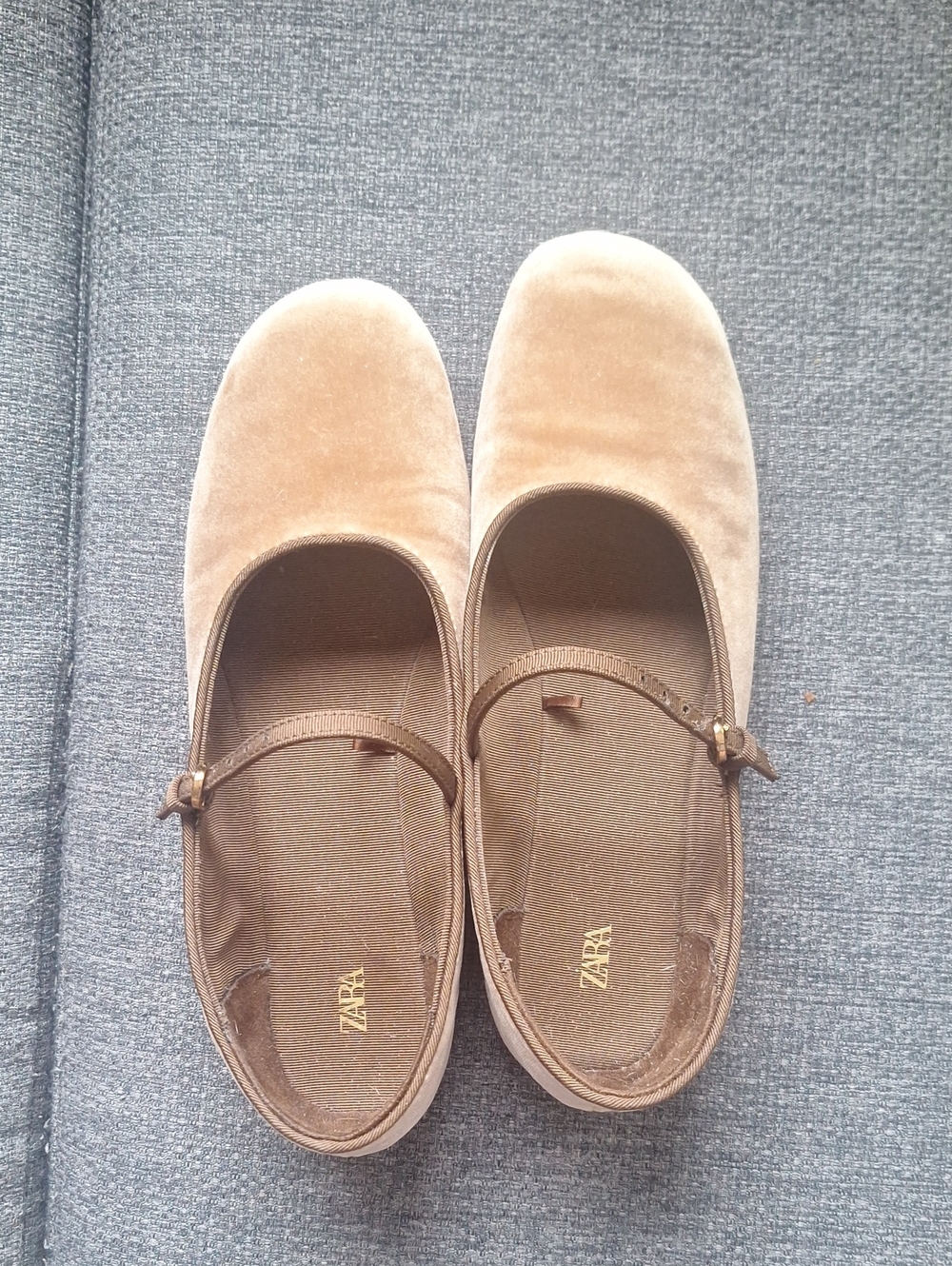 ZARA Beige Velvet Mary Jane Flats with Buckle Strap